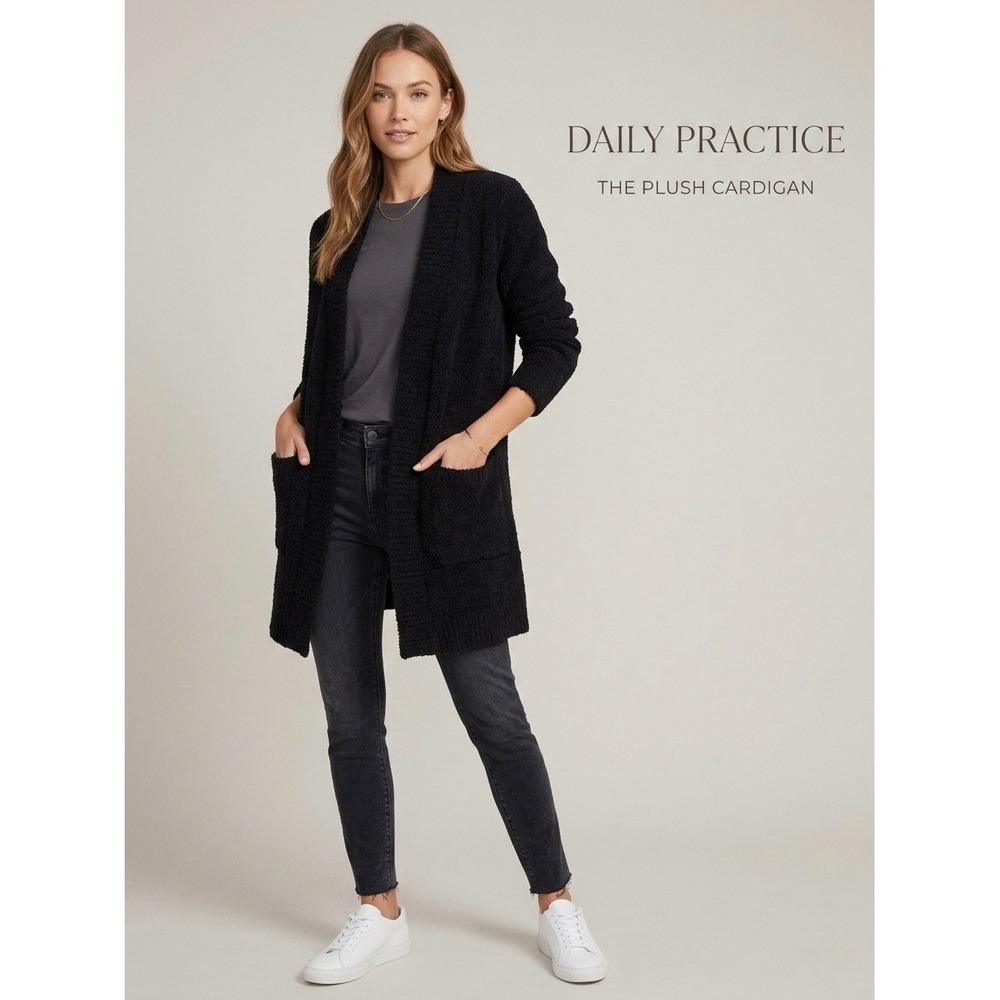 Daily Practice by Anthropologie Black Plush Cardigan Open Front Sweater Medium